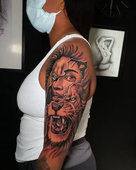 Shoulder Half Sleeve Tattoo For Women Black, Back Of Neck Tattoo Black Women, Lion Hearted Tattoo, Tiger Shoulder Tattoo Woman, Raw Tattoos For Women, Lion Shoulder Tattoos For Women, Half Lion Half Woman Tattoo, Big Shoulder Tattoo, Lion Sleeve Tattoo Woman