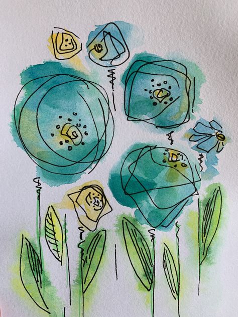 stylized flowers, watercolor, liners Watercolor Flower Sketch, Watercolor Blob Art, Watercolor Doodles Flowers, Line And Wash Watercolor Sketches, Abstract Flower Drawing, Pen And Ink Watercolor, Watercolor Doodles, Whimsical Art Paintings, Doodle Art Flowers