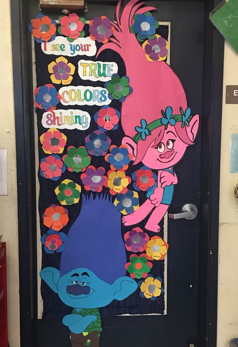 Trolls Movie classroom door Trolls Classroom Door Ideas, Trolls Classroom Decorations, Trolls Door Decorations Classroom, Trolls Classroom Door, Trolls Bulletin Board Ideas, Trolls Classroom Theme, Disney Themed Classroom, Classroom Decor High School, Disney Classroom