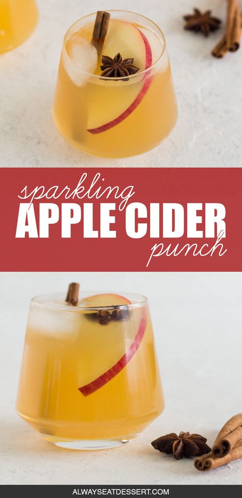 This sparkling apple cider punch recipe is full of fall flavor yet unexpectedly light and refreshing. Spike it with spiced rum for an easy cocktail or opt for a non-alcoholic mocktail - it's delicious either way! Plus you can easily scale this recipe up for a crowd or down for a cozy night in. #fallcocktail #applecider #applecidercocktail Sparkling Apple Cider Punch, Sparkling Cider Drinks, Apple Cider Punch Recipes, Fall Punch Recipes, Cold Apple Cider, Cider Punch, Cider Cocktail Recipes, Sparkling Apple Cider, Apple Cider Punch