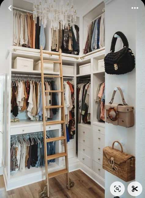 Closet With Ladder, Tiny Closet Makeover, Tiny Walk In Closet Ideas, Closet Ladder, Ikea Pax System, Tiny Closet Organization, Master Closet Ideas, Primary Closet, Master Closet Design