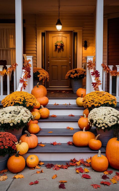 12 Beautiful Fall Front Porch Decor Ideas To Welcome Autumn Fall Porch Decor Stairs, Fall Stairs Decor Outside, Fall Front Steps Decor, Southern Fall Front Porch Decor, Fall Porch Steps Decor, Fall Steps Decor, Fall Mums Porch Front Steps, Front Steps Fall Decor Ideas, Porch Wall Decor Ideas