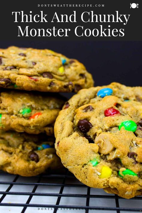 Monster Cookies are thick, soft, chunky and absolutely a favorite cookie recipe! #cookies Bingo Snacks, Easy Monster Cookies, Best Monster Cookies, Halloween Baking Recipes, Monster Cookies Recipe, Recipe Cookies, 2024 Recipes, Easter Desserts, Favorite Cookie Recipe