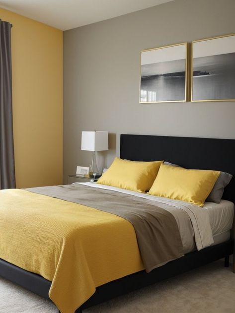 Mustard And Grey Bedroom, Mustard Yellow Bedroom, Painting An Accent Wall, Platform Bed Modern, Yellow Gray Bedroom, Mustard Yellow Bedrooms, Mustard And Grey, Accent Wall Paint, Yellow Bedding