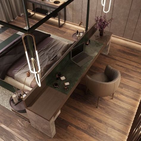 Room Almirah Designs, Bed In Middle Of Room, Home Office Design Ideas, Hotel Room Design, Office Design Ideas, Master Room, Built In Furniture, Bed Desk, Jairzinho