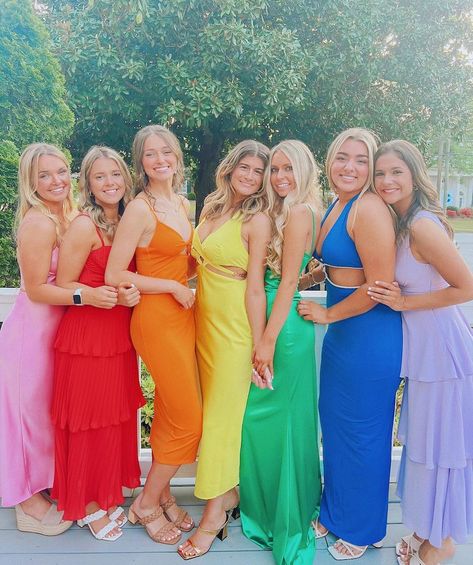 Color Themed Party Outfit, Outfit Theme Ideas, Barbie Looks Outfits, Colorful Bachelorette, Rainbow Bridesmaid Dresses, Birthday Brunch Outfit, Weekend Funny, Bachelorette Matching, Halloween Barbie