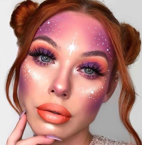 Galaxy Rave Makeup, Easy Space Makeup Looks, Space Cadet Makeup, Purple Space Makeup, Easy Galaxy Makeup, Celestial Makeup Halloween, Northern Lights Makeup Look, Intergalactic Makeup Looks, Alien Rave Costume