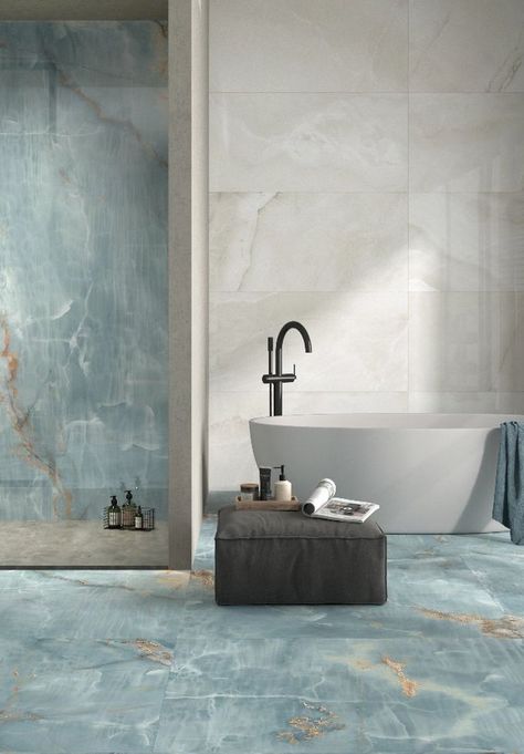 Extra Large Slabs Porcelain Slabs Bathroom, Shower Room Large Tiles, Bathroom Tiles Marble, Marble Accent Wall Bathroom, Blue Marble Tile Bathroom, Large Tile Shower Ideas Walk In, Large Marble Tile Shower Walls, Porcelain Slabs Shower Walls, Marble Look Tile Bathroom