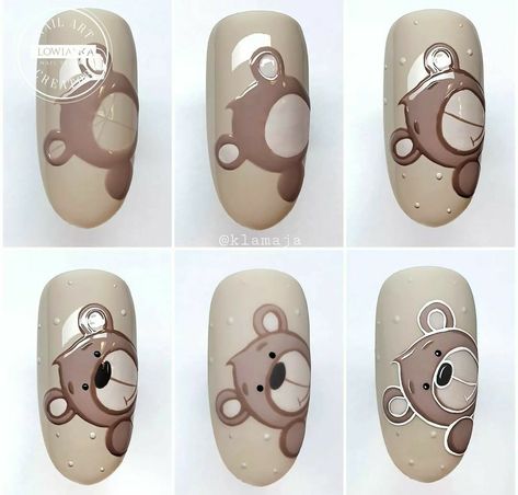 Teddy Bear Nail Art Step By Step, Simple Cartoon Nail Designs, Bear Nails Designs, Cute Bear Nails, Nail Art Step By Step, Animal Print Nail Art, Ongles Beiges, Bear Nails, Cartoon Nail Designs