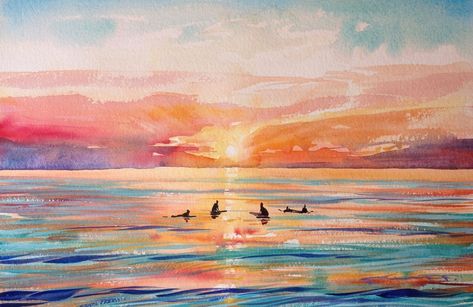 Sunset Beaches, Surfer Art, Surf Painting, Tropical Painting, Watching The Sunset, Watercolor Kit, Watercolor Sunset, Sea Painting, Nature Drawing