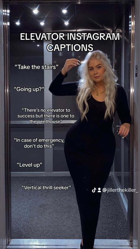 Elevator picture 
Blonde girl
Thick approved outfit
Skims dupe Elevator Instagram Captions, Jumpsuit Captions Instagram, Blazer Captions Instagram, Elevator Captions For Instagram, Elevator Pics Instagram, Elevator Pictures Instagram, Elevator Photos, Elevator Photoshoot, Elevator Pics