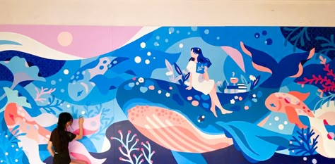 Ocean Mural Painting, Community Mural Ideas, Mural Art School, Ocean Murals, Cute Agenda, Studio Mural, Mural Ocean, Alice Lee, Outdoor Mural