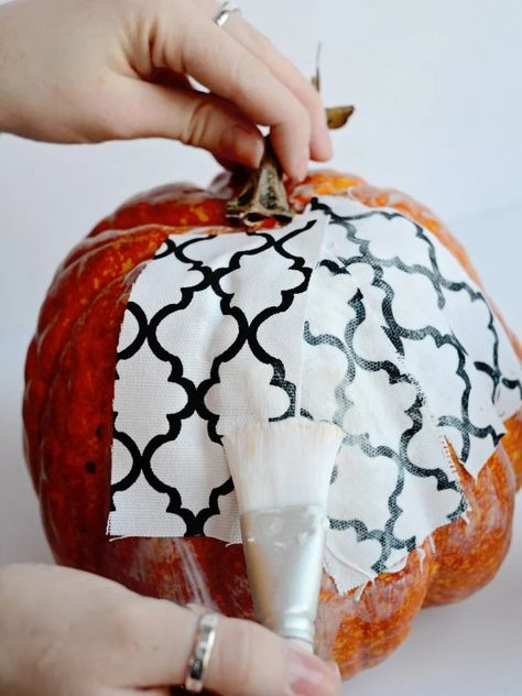 Trendy Fabric-Covered Pumpkins | HGTV Decoupage Pumpkins, Fabric Decoupage, Silver Pumpkins, Fall Pumpkin Crafts, Artificial Pumpkins, Glitter Pumpkins, Faux Pumpkins, Autumn Display, Pumpkin Fall Decor