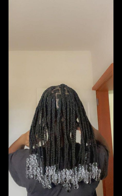 Box Braids Clear Beads, Shoulder Length Knotless With Beads, Black Braids With Clear Beads, Braids Clear Beads, Short Braids With Clear Beads, Short Box Braids Hairstyles Shoulder Length With Beads, Short Braids Beads, Clear Beads On Braids, Shoulder Length Box Braids With Beads