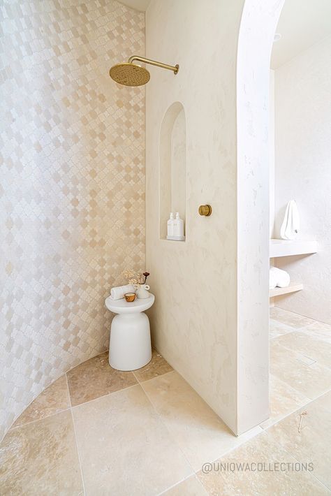 Unique Bathrooms, Mediterranean Bathroom, Stone Feature Wall, Interior Bathroom, Coastal Bathrooms, Curved Staircase, Bathroom Trends, Bathroom Renos, Laundry In Bathroom