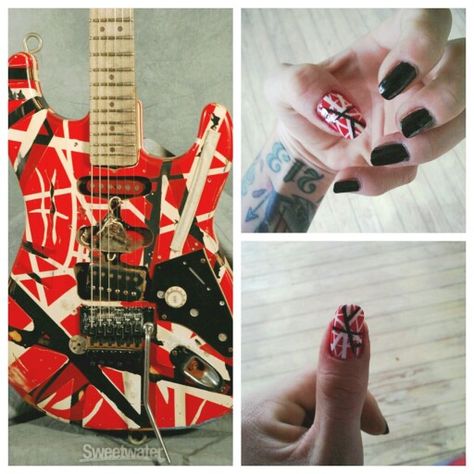 My Van Halen/ Frankenstrat nail art Van Halen Frankenstrat, Egyptian Men, Eddie Van Halen, Glamorous Nails, Van Halen, How To Do Nails, Fashion Makeup, Pretty Nails, Sake