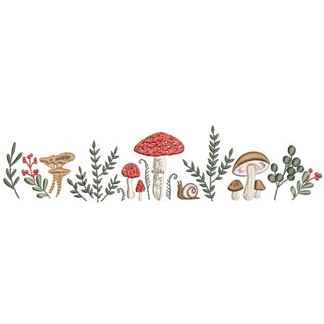 Nordic Border Design, Mushroom Forest Embroidery, Enchanted Forest Embroidery, Tiny Mushroom Embroidery, Machine Embroidery Files, Enchanted Forest Mushrooms, Mushroom Embroidery Pattern, Embroidery Mushrooms, Mushroom Border