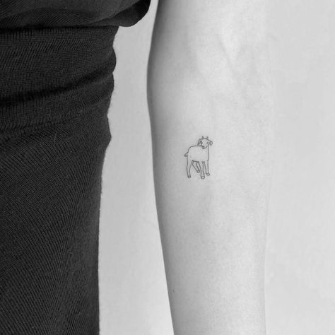 Fine line goat tattoo on inner forearm Tattoo Goat, Line Animals, Farm Tattoo, Goat Tattoo, Cute Halloween Tattoos, Peach Tattoo, Minimalist Mountain, Inner Forearm, Small Pretty Tattoos