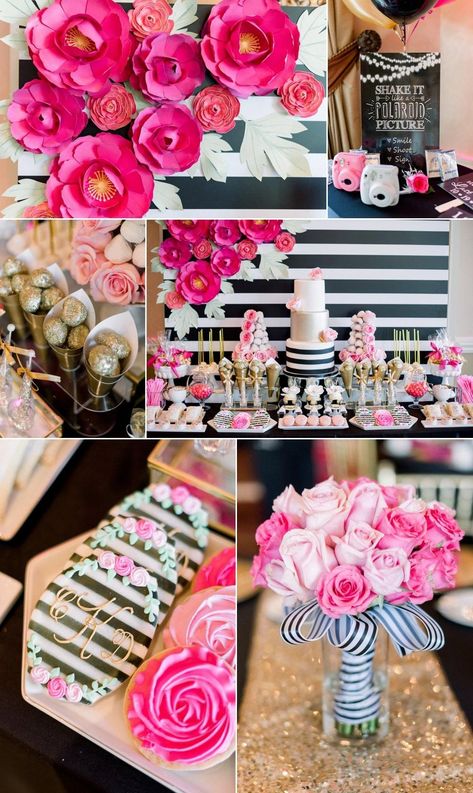 Kate Spade Inspired Bridal Shower #glamorousbridalshower #glambridalshower #princessbridalshower #princesspartyideas #katespadebridalshower #katespade #pinkandblackbridalshower Kate Spade 50th Birthday Party, Kate Spade Bachelorette Party, Pink And Black Brunch Decor, Kate Spade Birthday Party Decoration, Hoco Brunch, Kate Spade Bridal Shower Theme, Kate Spade Party Decorations, Kate Spade Party Theme, Kate Spade Birthday Party