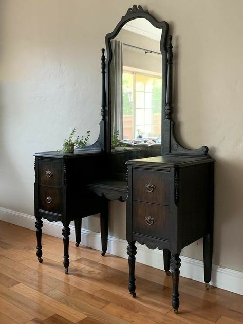 Black Antique Vanity, Antique Black Furniture, Vanity Refurbished Diy, Witchy Vanity, Black Antique Furniture, Oregon Apartment, Antique Makeup Vanity, Goth Vanity, Antique Vanity With Mirror