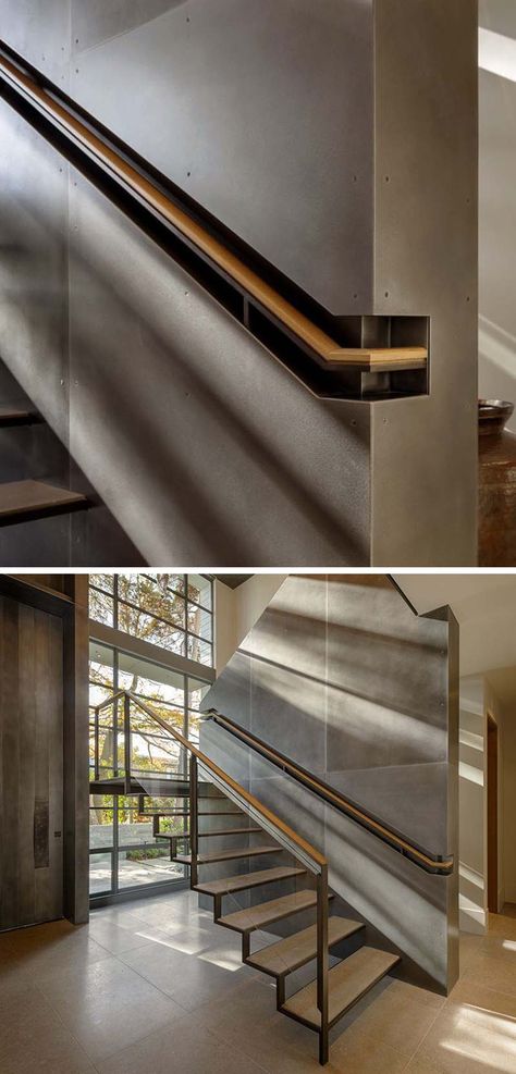 Stair Design Idea - 9 Examples Of Built-In Handrails | This wood and steel handrail is built into a section of the wall for a more industrial look. Open Stairs, Stair Design, Handrail Design, Staircase Handrail, Interior Design Minimalist, Steel Handrail, Escalier Design, Modern House Interior, Steel Stairs