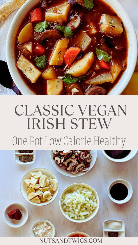 One picture are the ingredients and the other a top view of a bowl of vegan Irish stew Vegan Irish Stew, Irish Stew Recipe, Vegan Tips, Vegan Worcestershire Sauce, Vegan Holiday Recipes, Vegan Stew, Plant Based Recipes Easy, Irish Stew, Vegan Soups