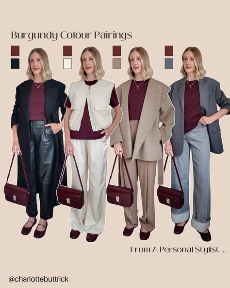 BURGUNDY COMBINATIONS 🍇🤍🍷👉🏼 Try these 6 classic burgundy outfit colour combinations & you will look effortlessly chic this autumn 🍂✨👏🏼 Burgundy Combination Colors, Burgundy Colour Combinations, Burgundy Outfit, Color Combos Outfit, Color Combinations For Clothes, Burgundy Color, Winter Casual, Casual Winter Outfits, Outfit Combinations