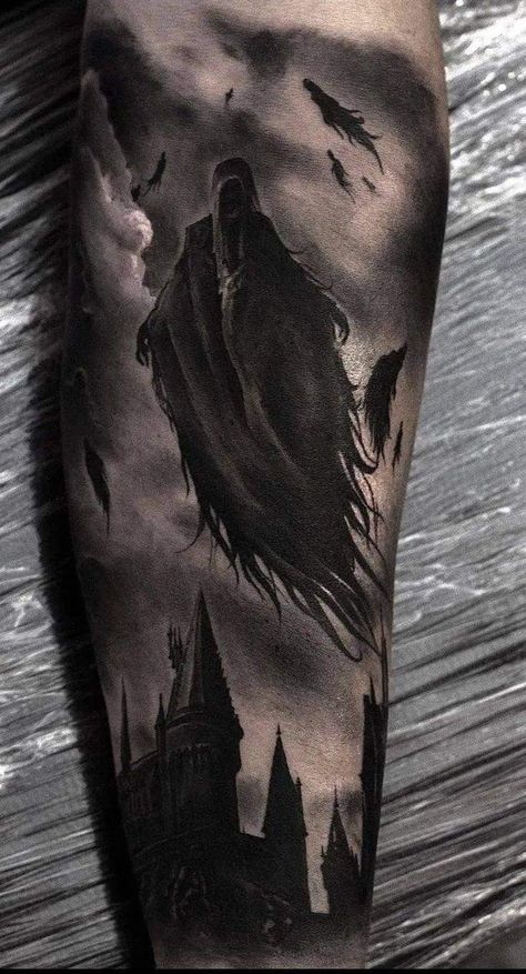 Thestral Tattoo, Harry Potter Dementors, Harry Potter Tattoo Sleeve, Dark Mark Tattoos, Hogwarts Tattoo, Harry Tattoos, Hp Tattoo, Black And Grey Tattoo, Grim Reaper Tattoo