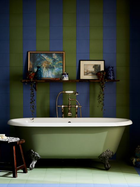 Dark green and navy blue wall tiles in a bathroom with a dark green bath. The taps are gold. Bert And May, Victorian Style Bathroom, Plain Tiles, Bathroom Moodboard, Outdoor Porcelain Tile, Tiled Hallway, Element Of Design, Dynamic Pattern, Blue Interiors