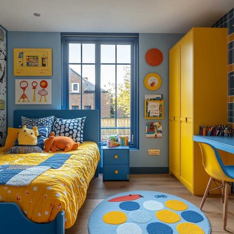 12+ Bright Childrens Bedroom Decor Ideas with Yellow and Blue • 333+ Inspiring Lifestyle Ideas Blue And Yellow Playroom, Yellow Toddler Room, Yellow Boys Bedroom, Hallway Colors, Yellow Boys Room, Yellow Playroom, Studio Apartment Furniture, Yellow Kids Rooms, Blue Kids Room