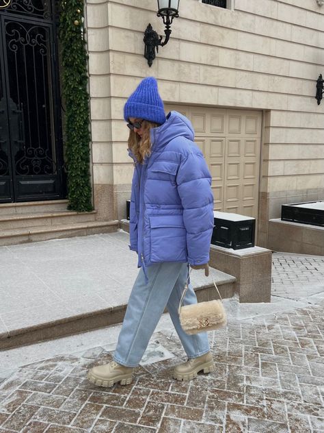 Winter outfit inspo ❄️ Lavender Coat Outfit Winter, Colorful Puffer Jacket Outfit, Lilac Puffer Jacket Outfit, Lavender Puffer Jacket Outfit, Purple Winter Coat, Violet Jacket Outfit, Lavender Jacket Outfit, Light Blue Puffer Jacket Outfit, Big Puffer Jacket Outfit