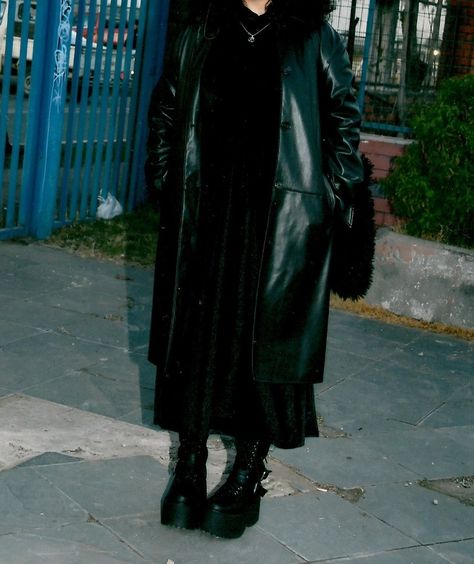 goth boots, leather coat and black dress Leather Trench Coat Outfit Goth, Leather Trench Coat Goth, Black Trenchcoat Aesthetic, Mall Goth Winter Outfit, Goth Trench Coat Outfit, Goth Winter Coat, Long Leather Coat Outfit, Plaid Trench Coat Outfit, Goth Trench Coat