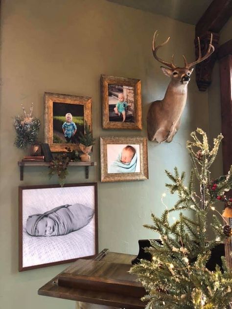 Photo Wall Collage With Deer Head, Living Room Decor With Animal Mounts, Deer Head Decor Bedroom, Wall Decor With Deer Mount, Dear Head Wall Decor, Deer Themed Living Room, Hunting Themed Living Room, Outdoorsy Living Room Decor, Animal Mounts Living Room