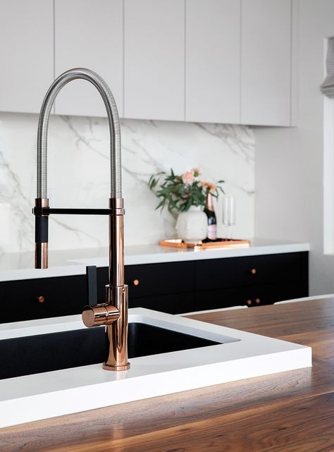 Rose Gold Interior Design, Rose Gold Faucet, Award Winning Kitchen Design, Modern Black Kitchen, Rose Gold Kitchen, San Diego Home, Gold Faucet, Black Kitchen Faucet, Award Winning Kitchen