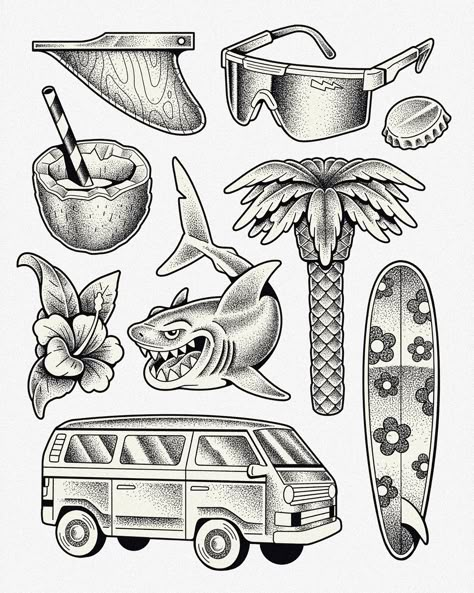 Tattoo Flash Realistic, Travel Traditional Tattoo, Surf Flash Tattoo, Beach Boys Tattoo, Surfing Tattoo, Flash Drawing, Surf Tattoo, Song Tattoos, Inspo Tattoo