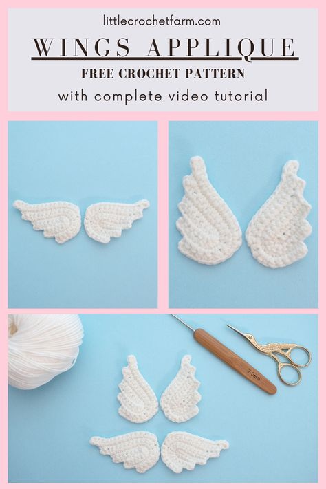 Quick crochet angel wings applique or embellishment to explore your creativity and apply it in so many projects! Easy to adapt, this crochet wings can be helpful to you! Get your free crochet wings pattern on littlecrochetfarm.com Crochet Wing Pattern, Crochet Angel Wings Free Pattern Easy, Angel Wings Crochet Pattern Free, Crochet Wings Free Pattern, Crochet Angel Wings Free Pattern, Acotar Crochet, Crochet Angel Wings, Crochet Wings, Wings Crochet