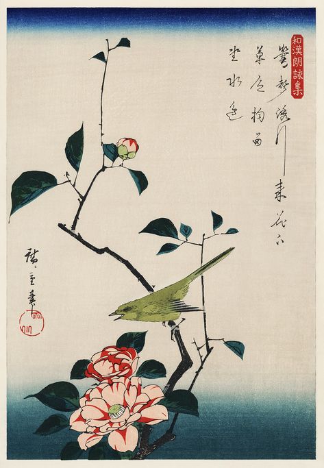 The ukiyo-e illustration, Camellia and Nightingale by Utag… | Flickr Woodcut Illustration, Floral Pattern Wallpaper, Japan Illustration, Utagawa Hiroshige, Japanese Illustration, Wood Block Printing, Japanese Flowers, Paul Gauguin, Art Japonais