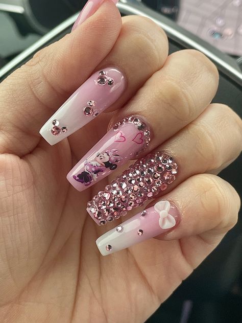 Minnie, mouse, nails, pink, bling, rhinestones, white, coffin, nails, Disney Nails With Stickers, Minnie Mouse Valentines Nails, Minnie Mouse Inspired Nails, Minnie Mouse Nail Ideas, Minnie Mouse Acrylic Nails, Pink Minnie Nails, Disney Nails Long, Minnie Mouse Nails Pink, Minnie Mouse Nails Acrylic