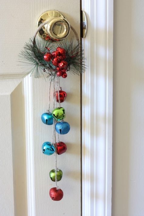 The following post is from Myra of My Blessed Life: With Thanksgiving just past, Christmas is just beginning to peek out at my house. Creating simple decor is especially fun this time of year. I whipped up a Christmas jingle bell door hanger that can be used on the front door or any interior door. … Bell Door Hanger, Jingle Bell Crafts, Ideas Decoracion Navidad, Hanger Christmas, Hanger Crafts, Door Hangers Diy, Doorknob Hangers, Christmas Jingles, Christmas Bell