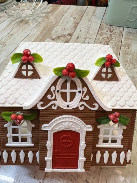 Dollar Tree Wooden House Diy, Doll House Gingerbread House, Dollhouse To Gingerbread House, Faux Gingerbread House Diy, Mexican Dollhouse, Dollar Tree Gingerbread, Popsicles Sticks, Gingerbread Diy Crafts, Toy Makeover