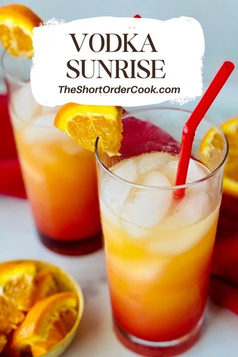 Vodka fans will love this gorgeous tropical cocktail recipe. The Vodka Sunrise is fruity & sweet. It's the perfect cocktail to get you in the vacation mood, sip by the pool, enjoy with friends, or for parties. No tequila in this version - use your favorite top-shelf vodka. Great with your favorite Grey Goose, Belvedere, Kirkland, Kettle One, & Titos. Orange Juice & granedanine are so pretty with the sunset vibes in the layers. Shake up one in a tall highball glass & sip. Sunrise Drink Recipes, Sunset Cocktail Recipe, Grey Goose Cocktails, Sunrise Drink, Grenadine Cocktail, Tropical Cocktail Recipes, Fruit Juice Cocktails, Vodka Sunrise, Vacation At Home