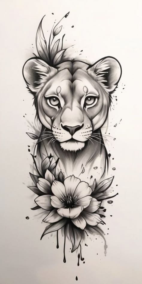 Lioness Flowers Tattoo, Leones Tattoo, Tattoo In Arm, Leo Lion Tattoos, Lioness Tattoo Design, Flowers Tattoo Design, Tiger Tattoo Sleeve, Tier Tattoo, Lioness Tattoo