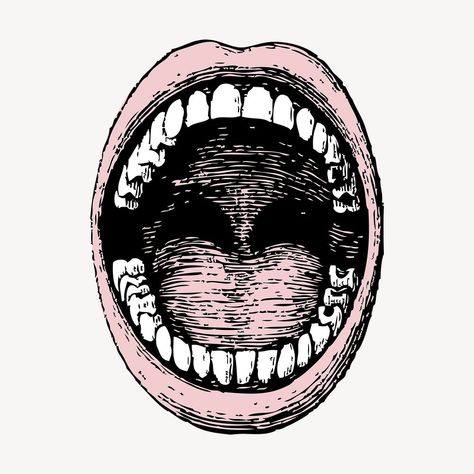 Vintage open mouth illustration vector. Free public domain CC0 graphic | free image by rawpixel.com Open Mouth Illustration, Public Domain Images Vintage, Open Mouth Drawing, Mouth Illustration, Mouth Clipart, Mouth With Teeth, Mouth Lips, Dental Design, Mouth Drawing