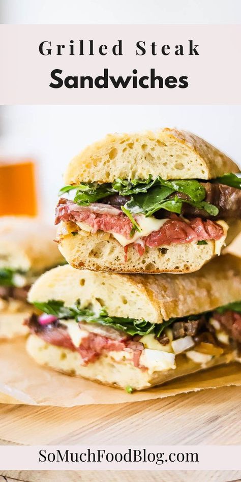 These grilled steak sandwiches are loaded with tender steak, brie, caramelized onions, horseradish sauce, and arugula. Perfect for summer! Greek Chicken Gyros, Brie Sandwich, Chicken Gyro Recipe, Steak Sandwich Recipes, So Much Food, Steak Sandwiches, Delicious Steak, Tender Steak, Horseradish Sauce