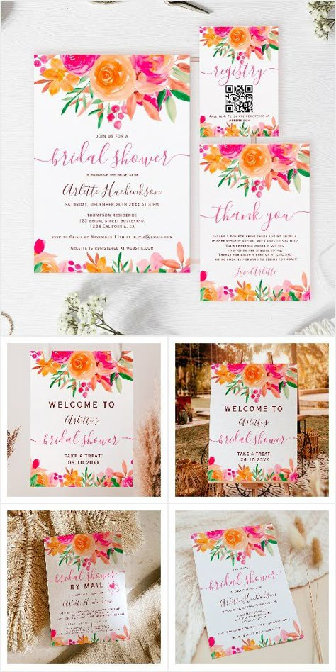 Citrus And Flowers, Orange And Pink Bouquet, Green Flowers Bouquet, Bridal Shower By Mail, Bright Wedding Invitations, Orange And Pink Wedding, Bridesmaid Brunch, Pink And Green Flowers, Floral Wedding Stationery