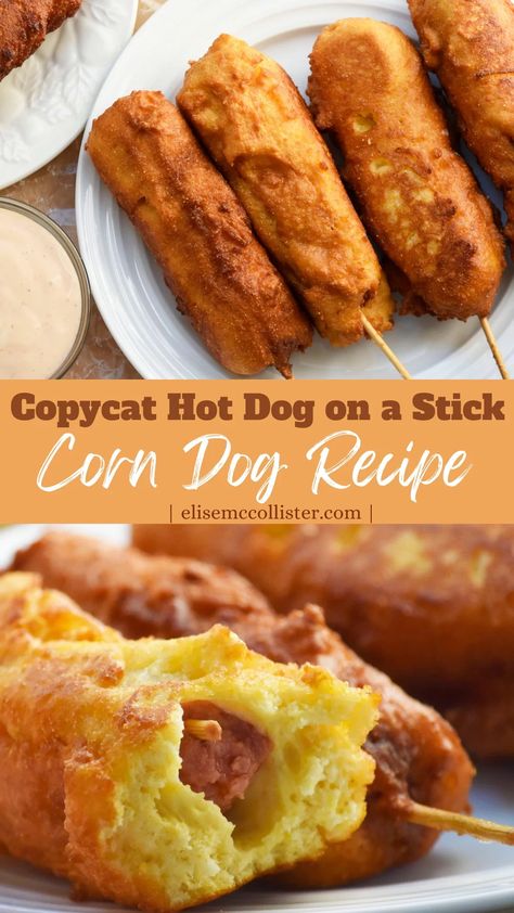 Copycat Hot Dog on a Stick Corn Dog Recipe » Elise McCollister Corn Dog Batter, Corn Dog Recipe, Hot Dog On A Stick, Cornbread With Corn, Corndog Recipe, Deep Fried Appetizers, Hot Dogs Recipes, Real Honey, Beef Hot Dogs