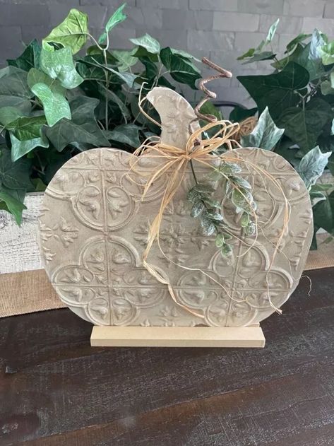 Dollar Tree Tile Pumpkin | Hometalk Ceiling Tiles Crafts, Tree Faux, Fall Pumpkin Crafts, Dollar Tree Pumpkins, Faux Tin, Dollar Tree Fall, Adornos Halloween, Diy Dollar Tree Decor, Fall Thanksgiving Decor