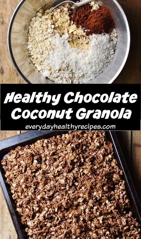 Granola ingredients in metal bowl and chocolate granola spread over pan. Granola Recipe With Coconut, Cereal Mixes, Protein Granola Recipe, Chocolate Coconut Granola, Chia Granola, Coconut Granola Recipe, Chocolate Granola Recipe, Oatmeal Granola, Protein Granola