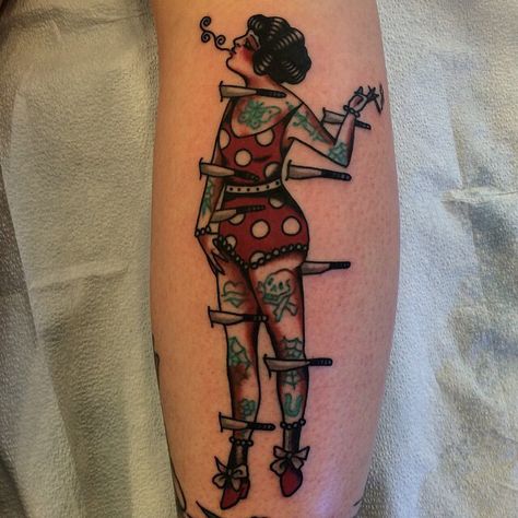 Knife throwing Monster Pinup Tattoo, American Trad Filler, American Traditional Pinup Tattoo, Traditional Tattoo Chest, Traditional Pinup Tattoo, Emily Tattoo, Traditional Back Tattoo, Circus Tattoo, Mujeres Tattoo