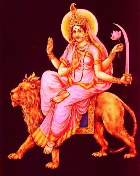 Katyayani(SIGNIFICANCE OF WORSHIPPING 9 GODDESSES?SWEETS OFFERED ON NAVRATRI?) Goddess Shailputri, Maa Image, Durga Picture, Durga Ji, Navratri Wishes, Navratri Images, Hinduism Art, Devi Durga, Divine Mother